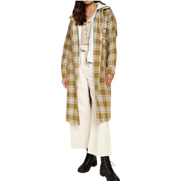 Mystree Jackets & Blazers - Mystree Twofer Tan Blue Cream Plaid Long Women’s Hooded Jacket New - Size Medium